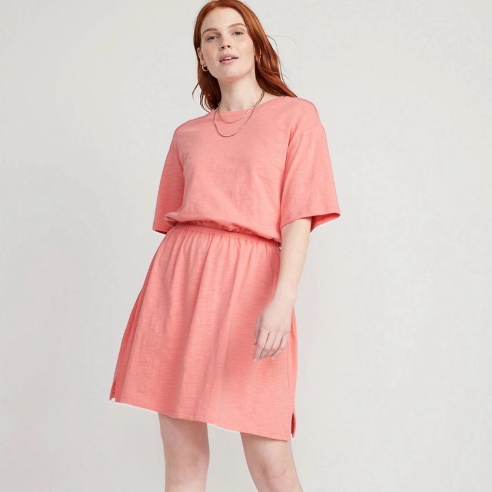 OLD NAVY Size Large NWT Salmon Blouson Short Sleeve Pull On Dress Cotton Mini